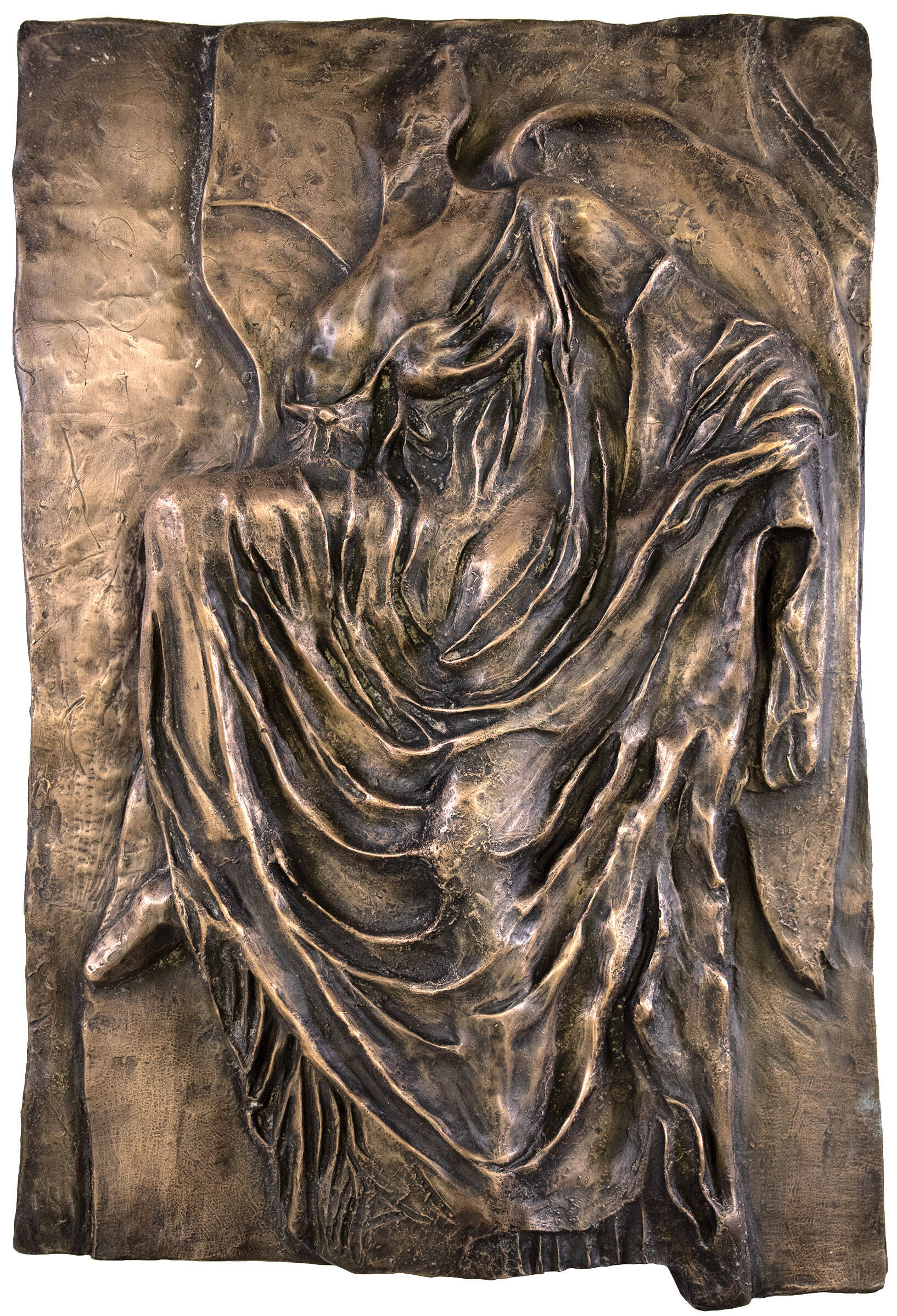 Bronze casting of a seated winged woman wearing a flowing garment.